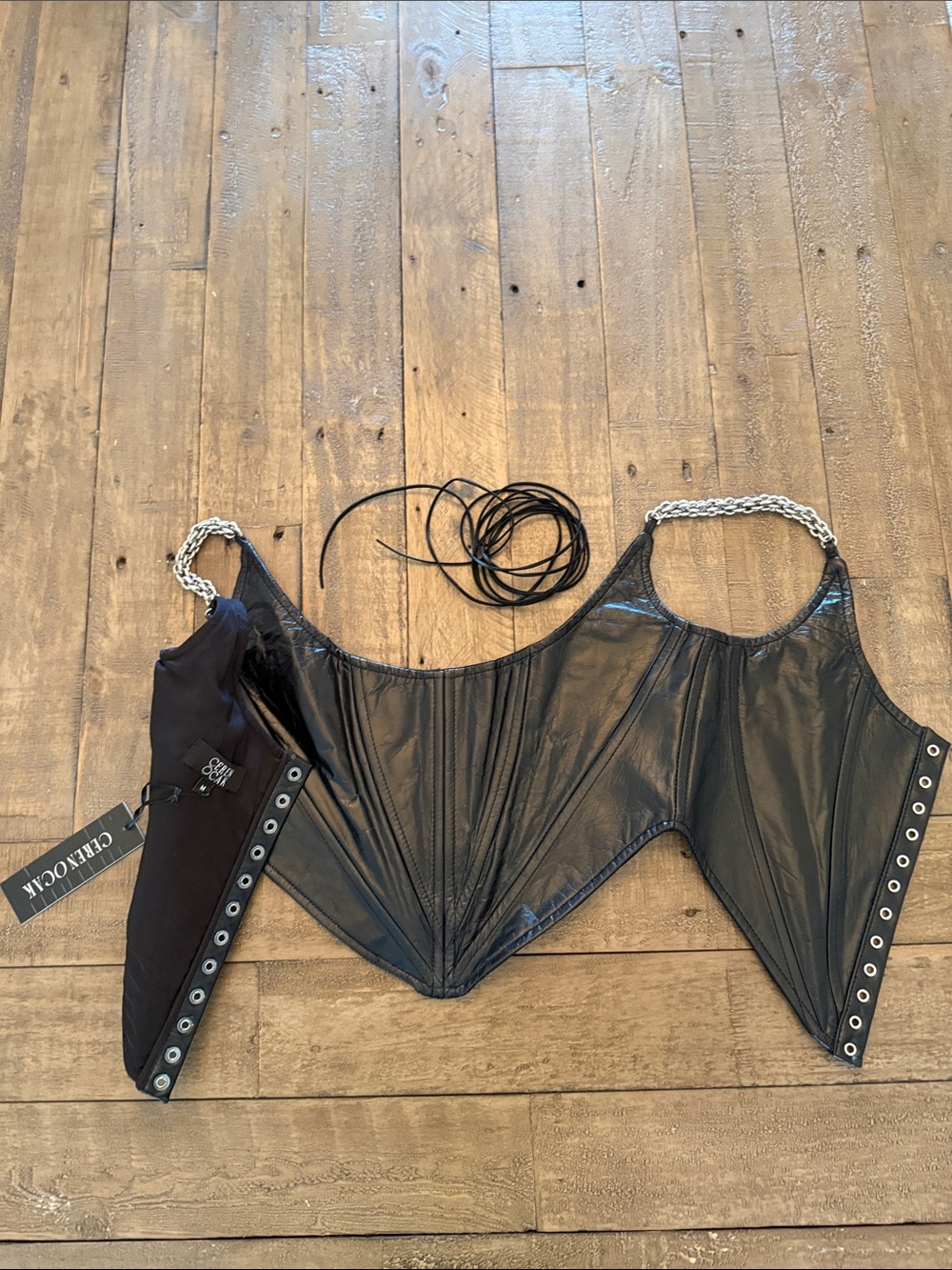 Black Faux Leather Chain-Handle Corset Belt